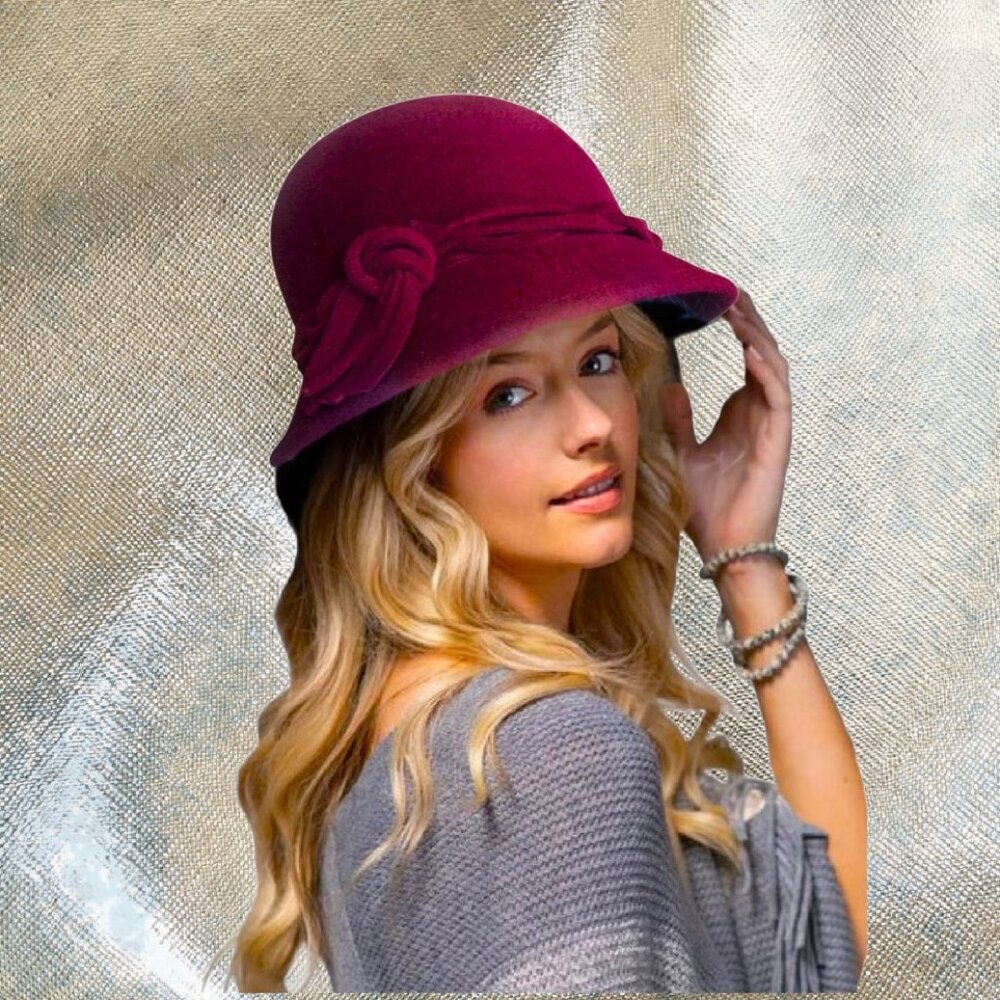 Timeless Vintage Style 1920s Hand Made England Cloche Burgundy Wool Felt Hat
